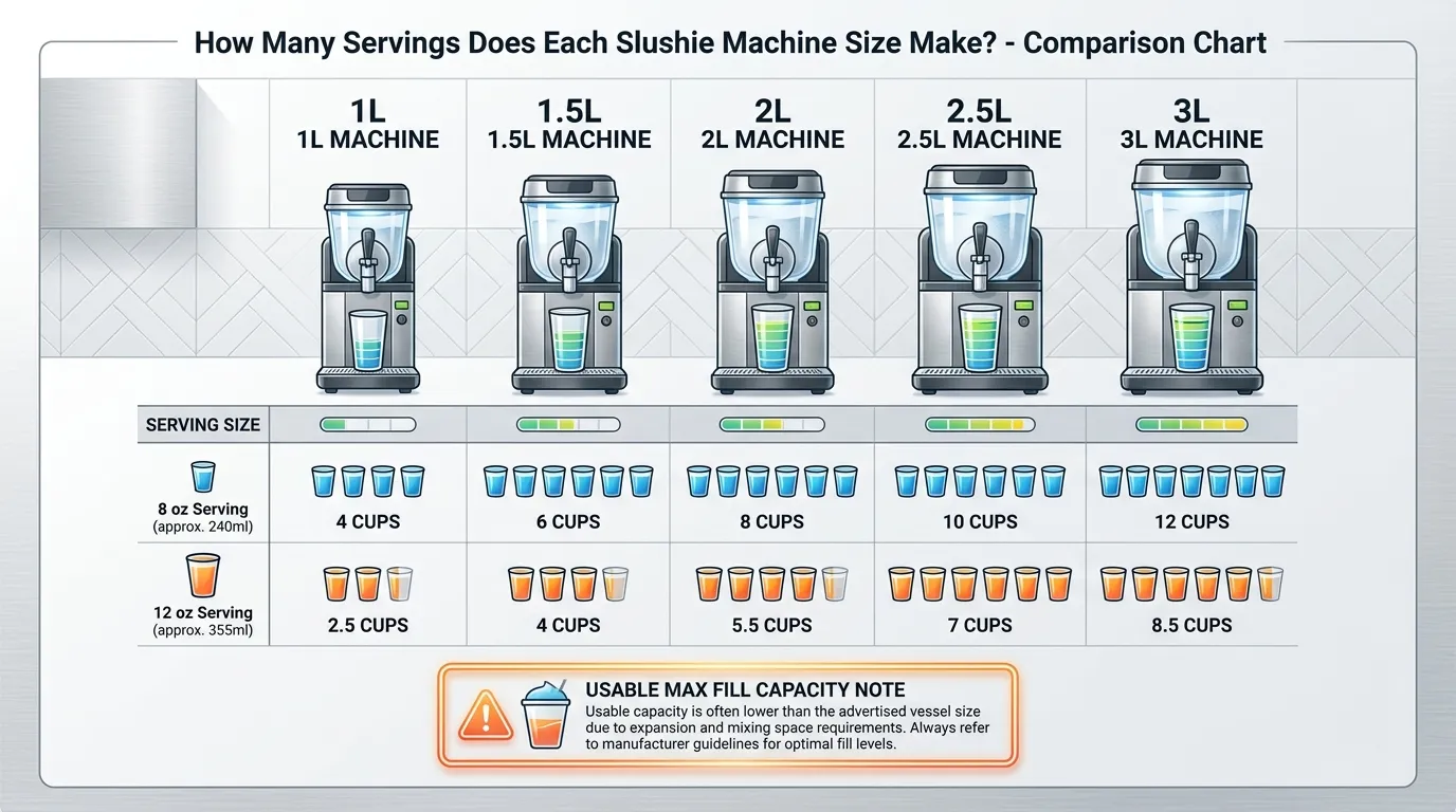 Infographic showing recommended home slushie machine sizes for solo users, couples, families, parties, and events.