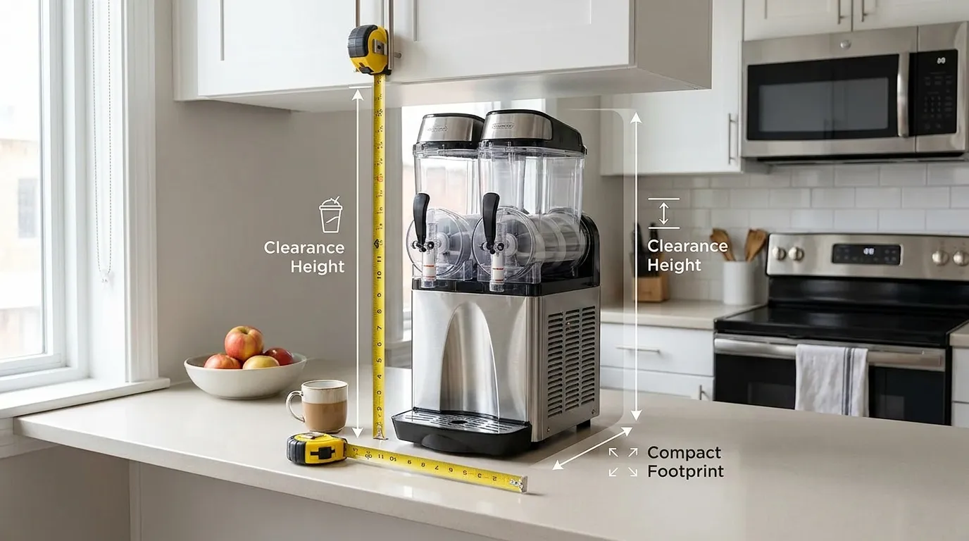 Home slushie machine on a kitchen counter being measured for size and storage space
