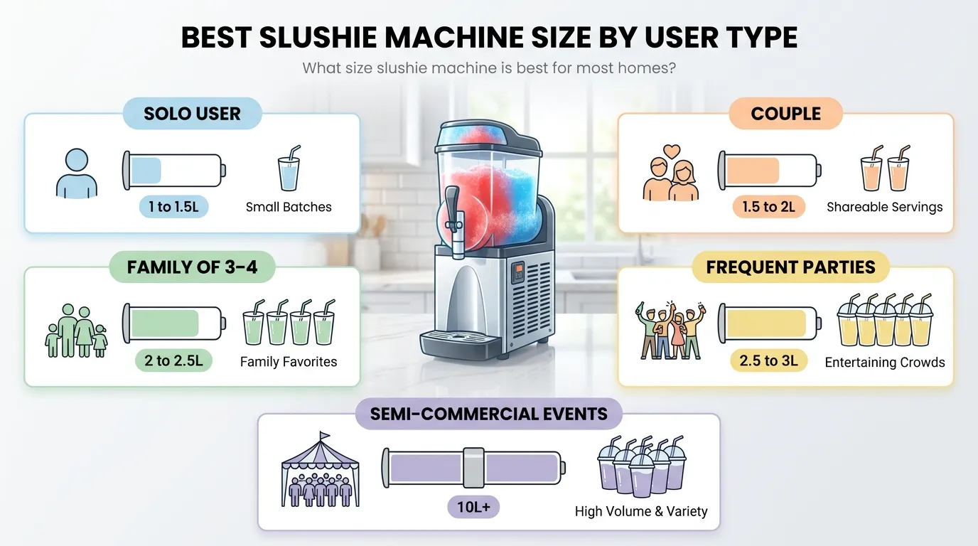 Infographic showing recommended home slushie machine sizes for solo users, couples, families, parties, and events.