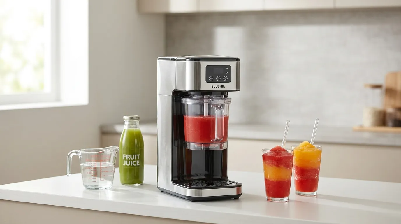 Compact home slushie machine on a kitchen counter with drinks and ingredients