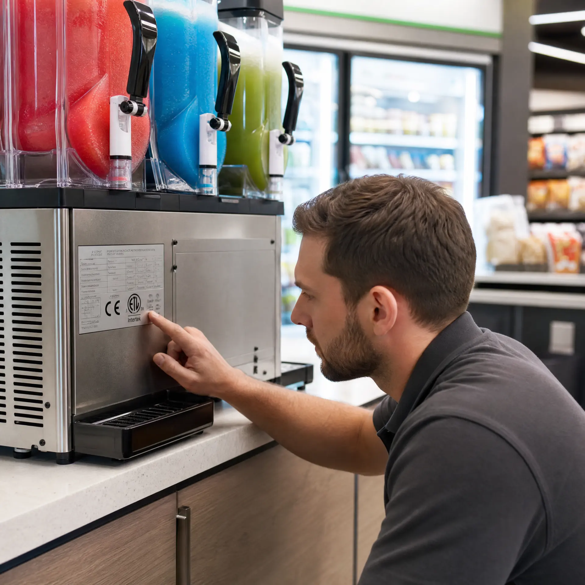 Foodservice-Betreiber untersucht das Datenschild und die Zertifizierungszeichen (CE und ETL) auf einer Schlachtmaschine, die in einem modernen Kiosk installiert ist, 1600x900